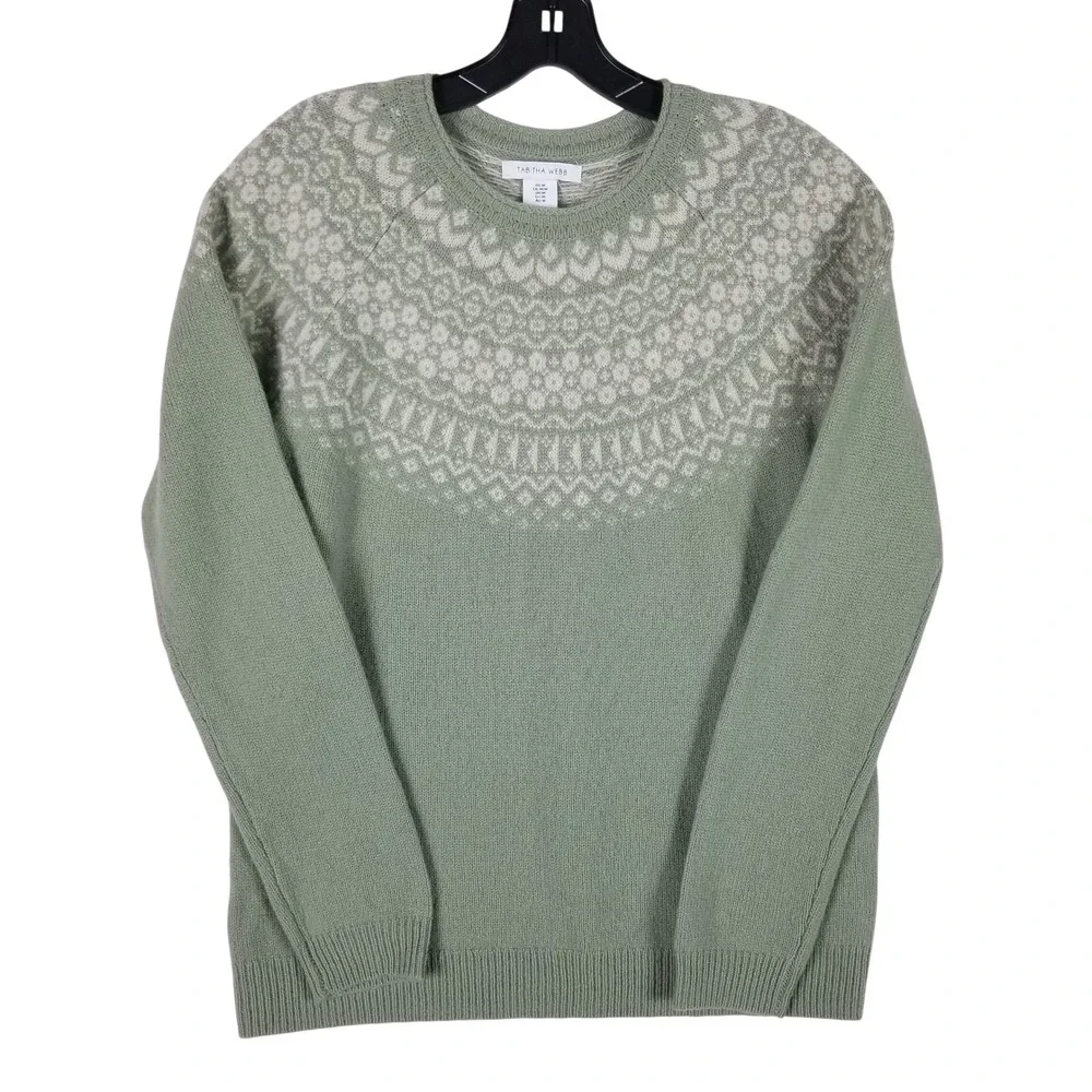 Tabitha Webb Sweater Women Medium Sage Green Fair Isle Lambswool Blend Pullover